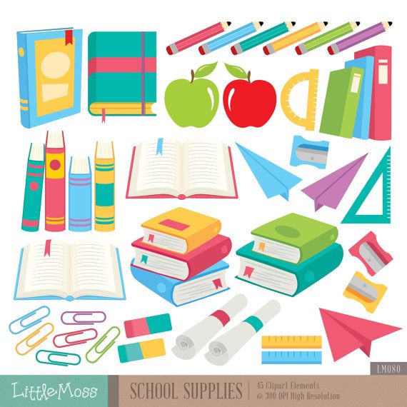 Colorful school supplies including books, apples, pencils, rulers, paper planes, and clips arranged on white background.