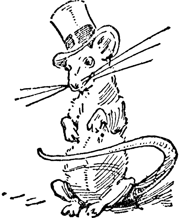 A vintage line drawing of a mouse wearing a top hat, standing upright with expressive whiskers and a curled tail.