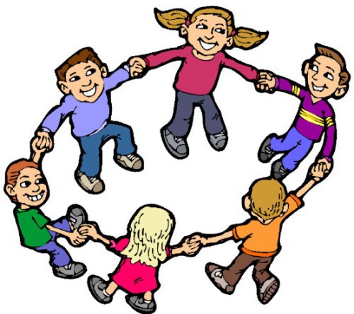 Six diverse cartoon children holding hands in a joyful circle, symbolizing unity and friendship.