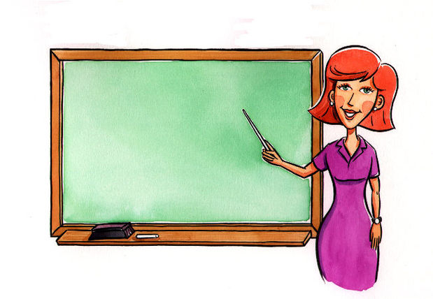 A smiling female teacher with red hair points to a blank green chalkboard with a pointer, wearing a purple dress.