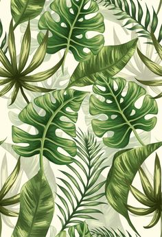 Lush tropical leaf pattern with monstera, palm, and fern foliage on a light background