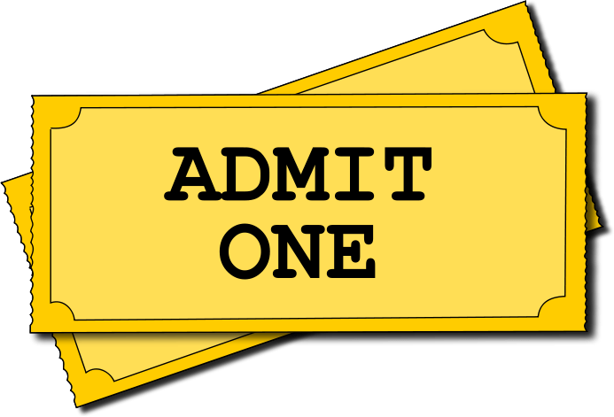 Two overlapping yellow "Admit One" tickets with bold black text and scalloped edges.