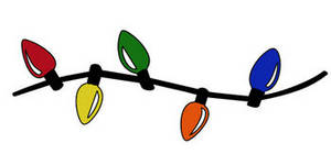 A cartoon-style string of colorful holiday lights with red, green, yellow, orange, and blue bulbs on a black wire.