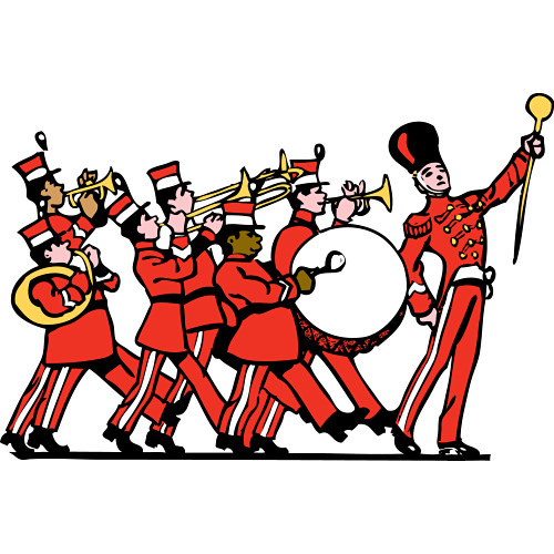 A vibrant illustration of a marching band in red uniforms with brass instruments and a drum, led by a conductor holding a baton.