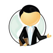 Business professional icon in suit gesturing with folder, circular background