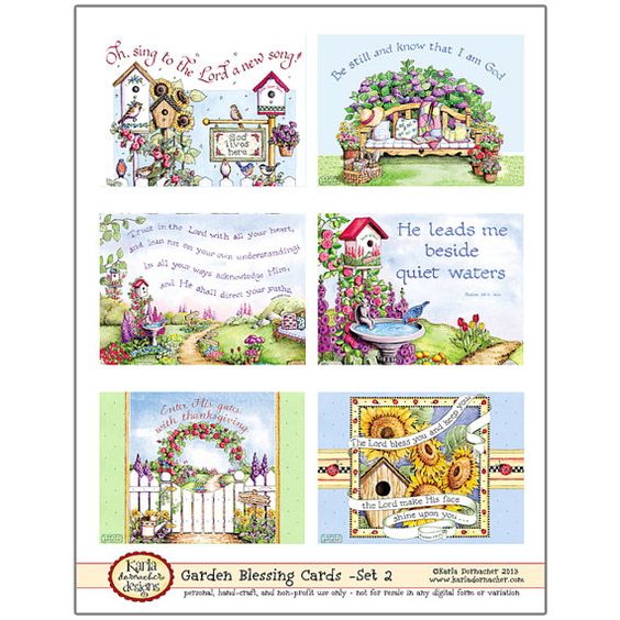 Six illustrated garden-themed blessing cards with scripture verses, birdhouses, flowers, and peaceful outdoor scenes.