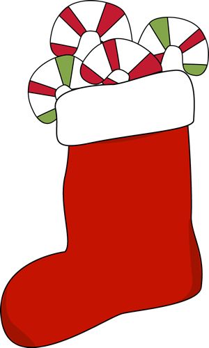 A classic red Christmas stocking with white cuff, overflowing with striped red, white, and green candy canes.