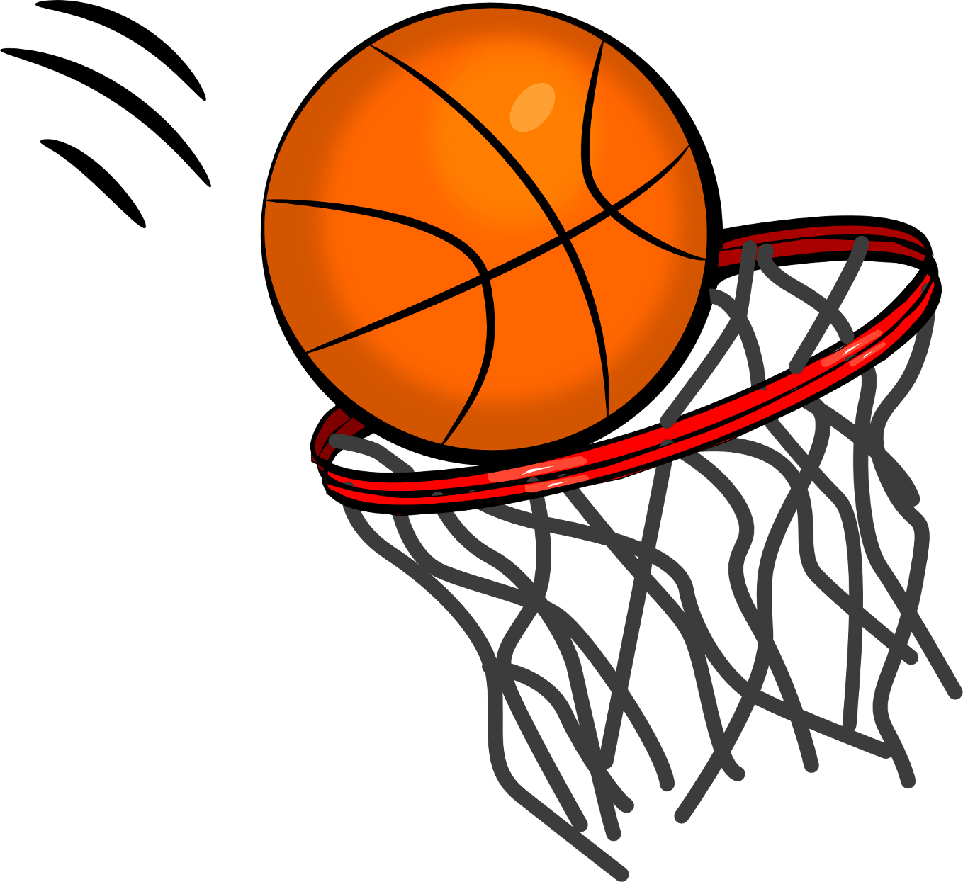 Orange basketball swishing through a red hoop with net against black background.