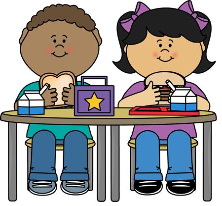Two diverse children eating lunch together at a school table with sandwiches, milk cartons, and lunchboxes.