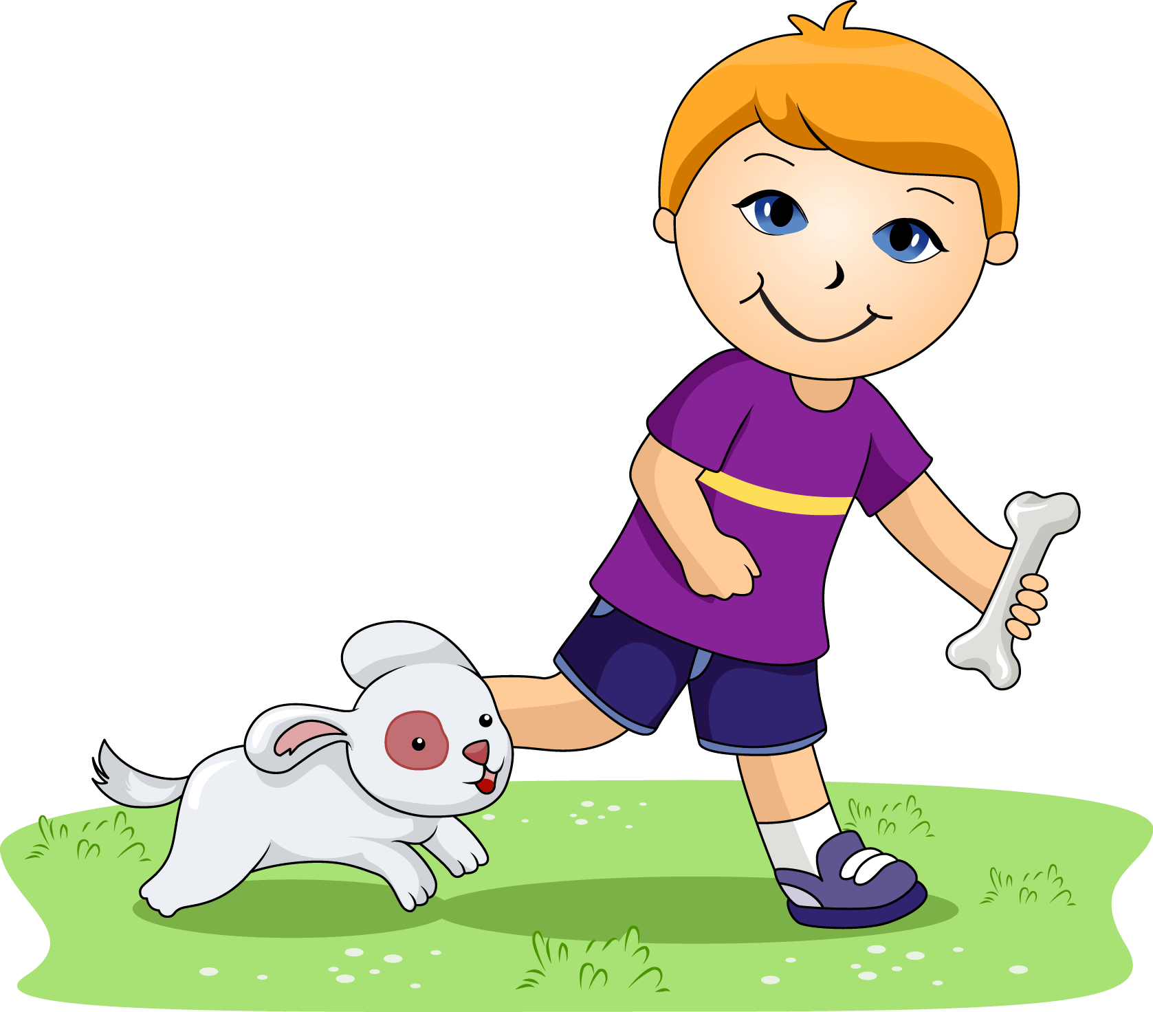 A smiling boy with blond hair walks a playful white puppy on grass while holding a bone.