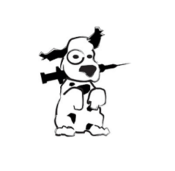 Black-and-white cartoon dog holding two rifles, stylized with exaggerated features and a determined expression.