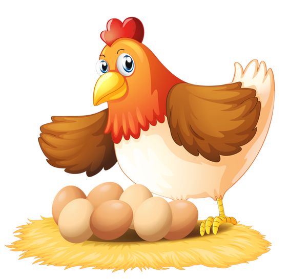 A friendly cartoon hen with a red comb stands proudly over a nest of six brown eggs on straw.