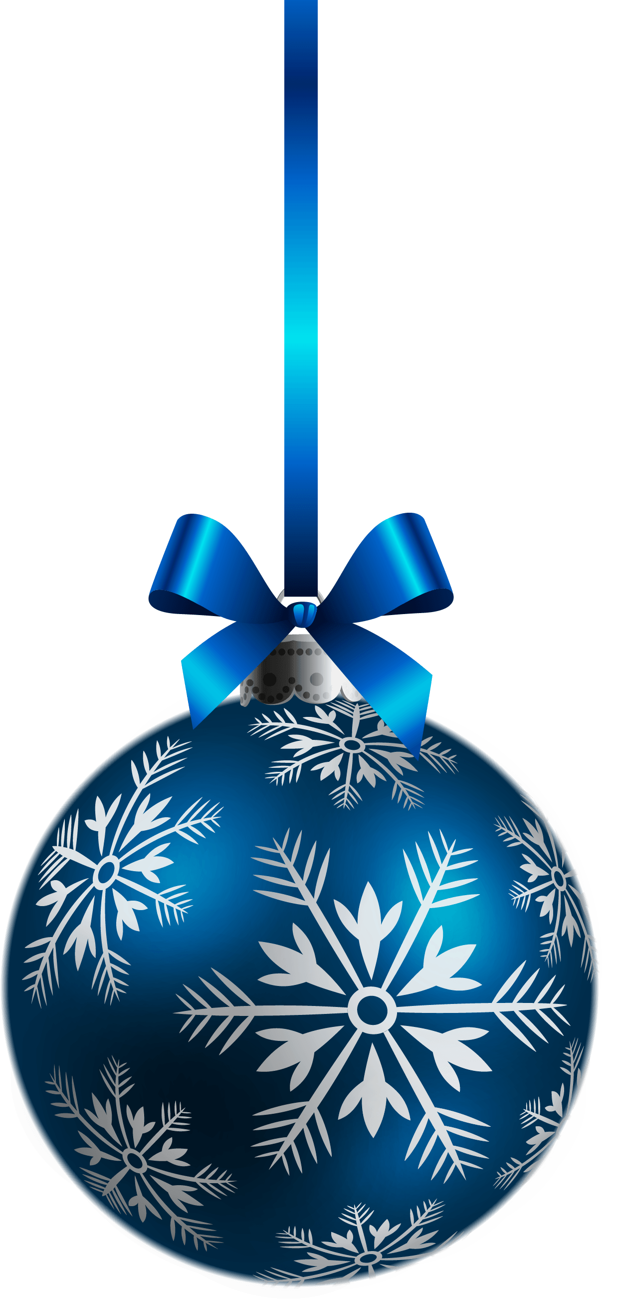 Blue Christmas ornament with white snowflake patterns and a shiny blue ribbon bow.