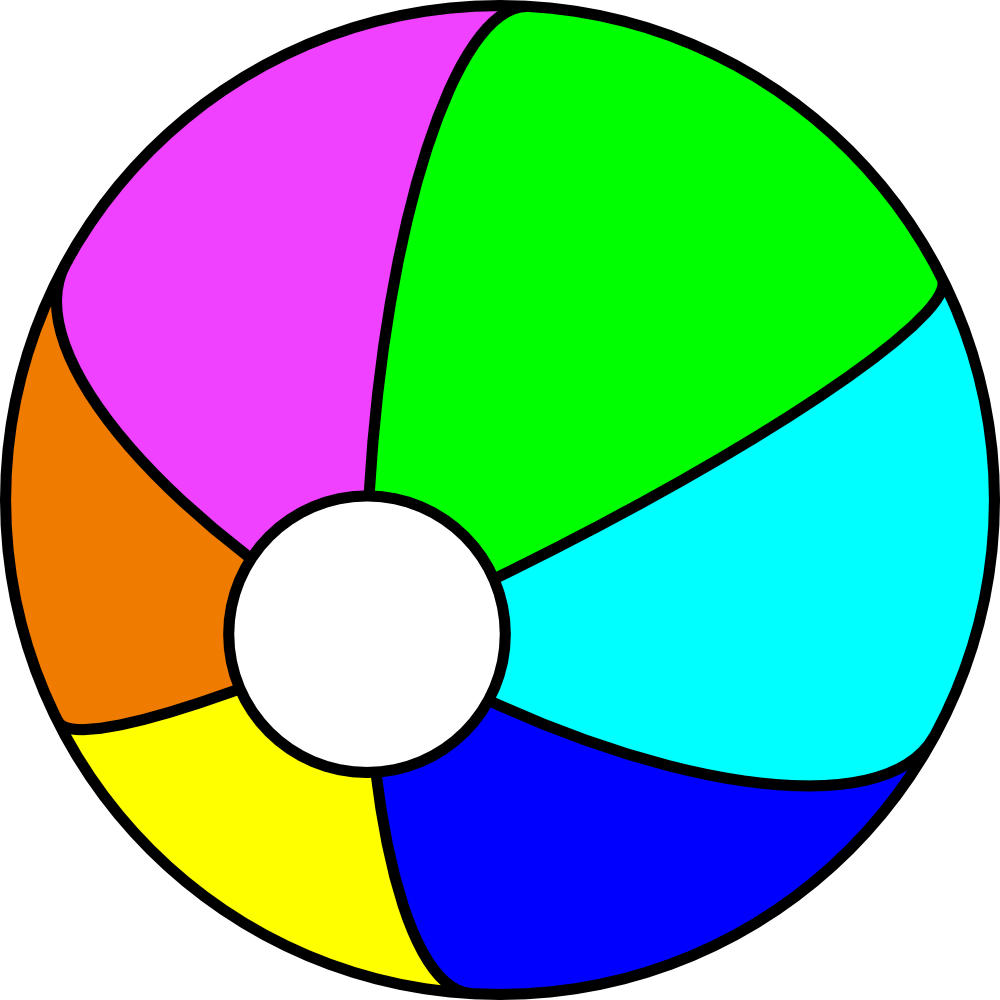 Colorful beach ball with six vibrant segments-pink, green, cyan, blue, yellow, and orange-on a black background.