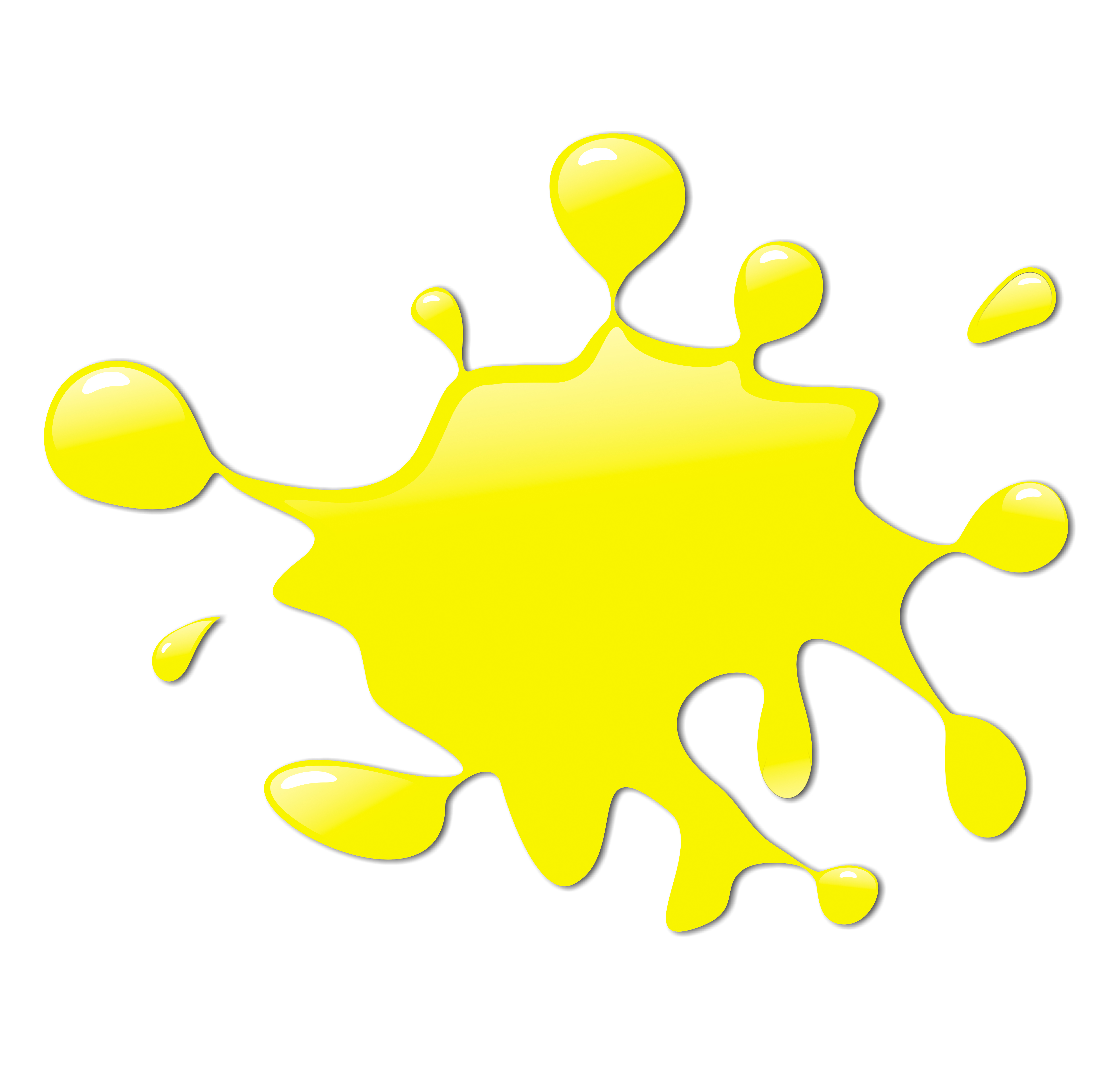 Bright yellow liquid splash with glossy droplets and highlights on white background.