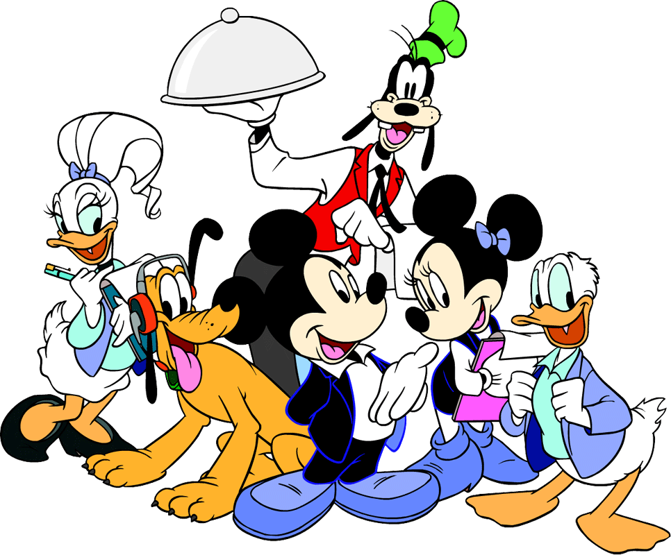Disney Characters in Formal Waiter Outfits - Classic Cartoon Group Pose