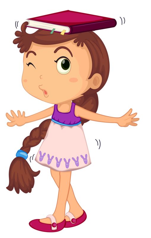 Cartoon girl balancing a red book on her head, winking playfully with braided hair and bunny-patterned dress.