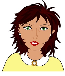 Cartoon illustration of a woman with brown hair, green eyes, red lips, wearing a yellow top and floral necklace.