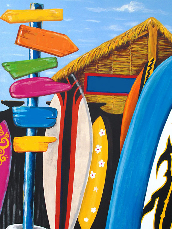 Vibrant Surf Culture Art - Beach-Themed Painting with Surfboards & Signpost
