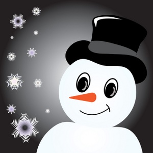 Smiling snowman wearing a black top hat with falling snowflakes in a gray gradient background.