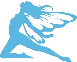 Blue silhouette of a dynamic winged figure in mid-leap, evoking grace and freedom.