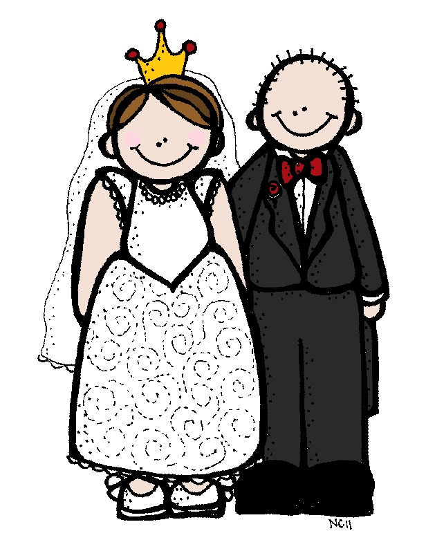 Cartoon bride in white gown with crown and veil, standing beside groom in black suit with red bowtie and boutonniere.