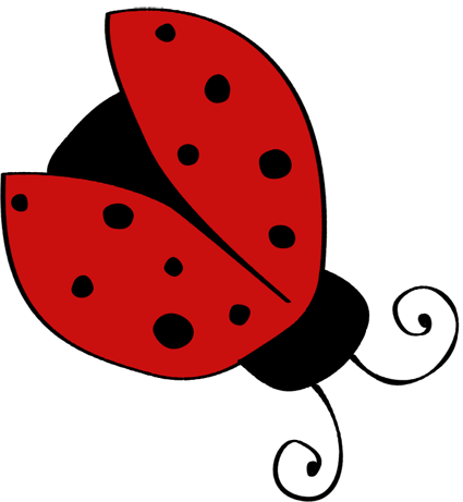 Red ladybug with black spots and decorative swirl antennae, cartoon-style illustration.