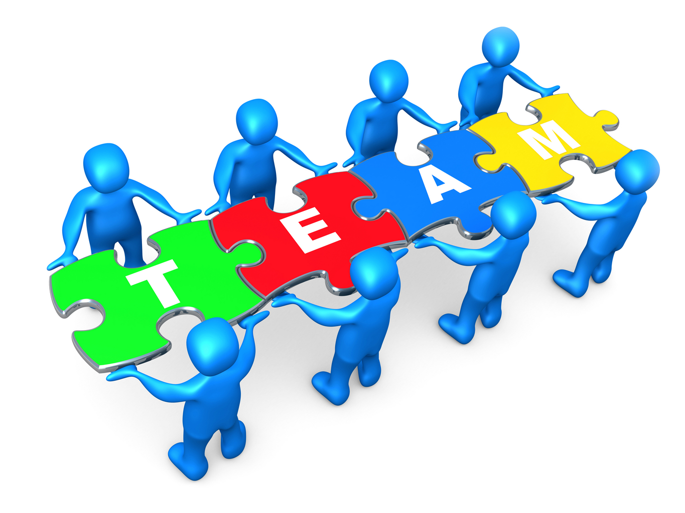 Blue figures assembling colorful puzzle pieces spelling "TEAM" to symbolize collaboration and unity.