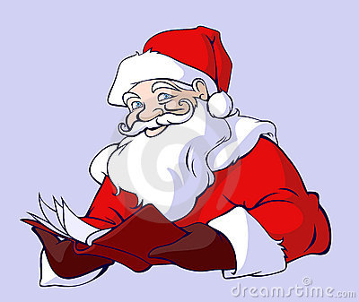 Jolly Santa Claus in red suit reading a book with a warm smile, cartoon illustration on light purple background.