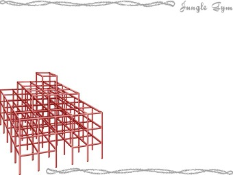 Red modular metal scaffolding structure arranged in a stepped, tiered formation against a white background.