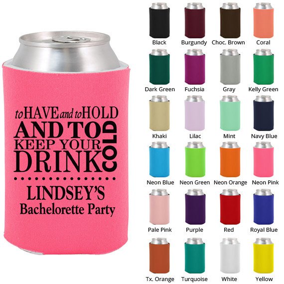 Custom Bachelorette Party Koozies - Personalized Drink Coolers in 24 Colors