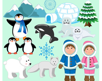 Arctic-themed clipart featuring penguins, polar bears, seals, orca, snowy owl, igloo, snowflakes, and children in winter gear.