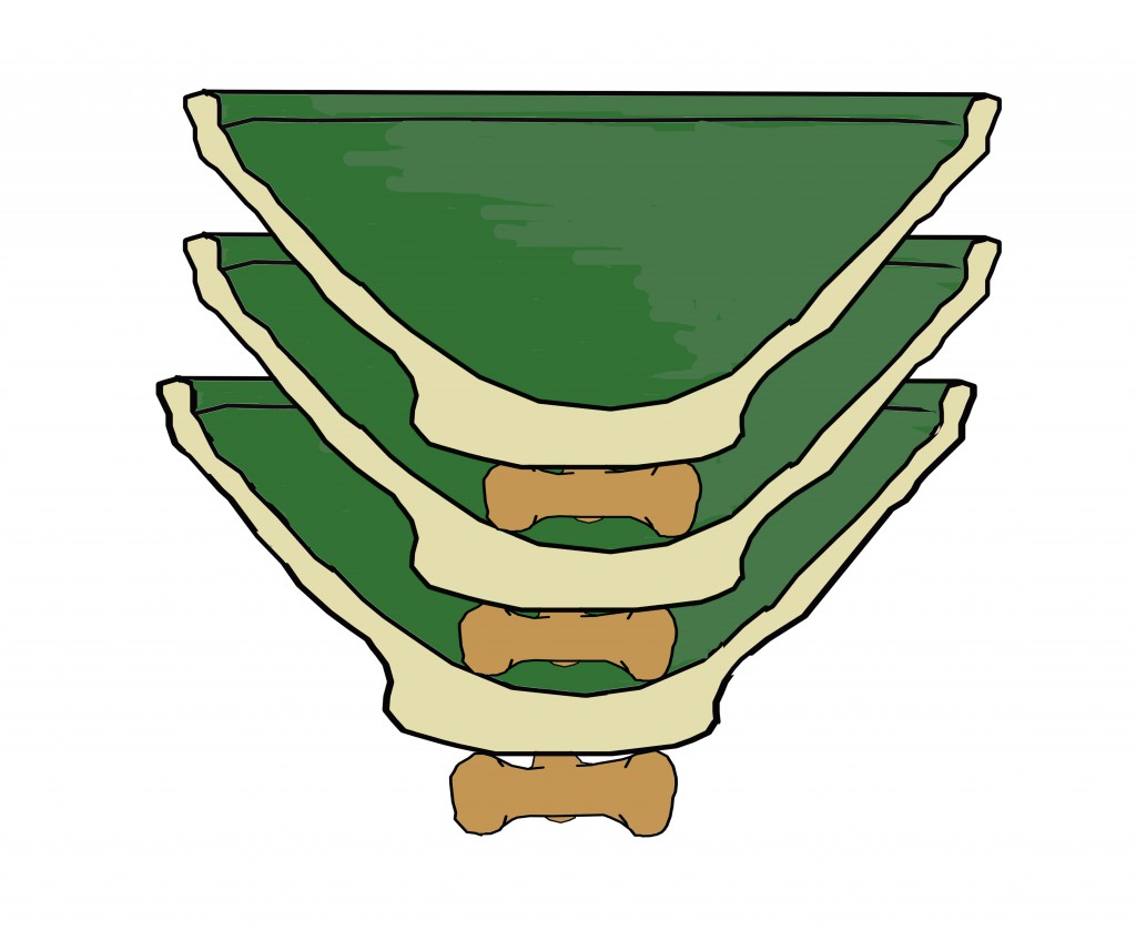 Three stacked green ceramic dog bowls with bone-shaped treats between each layer.