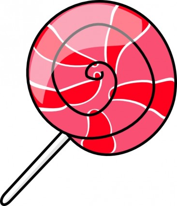 A vibrant red and pink spiral lollipop on a white stick, illustrated in cartoon style with glossy highlights.