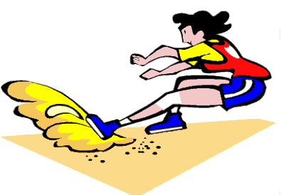 Cartoon athlete in mid-air performing a long jump, kicking up sand with blue shoes and colorful uniform.