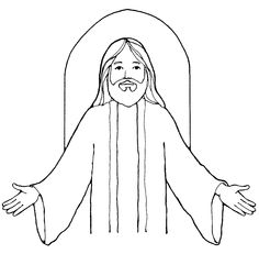 Line drawing of Jesus with open arms, long hair, beard, and halo, in a robe with vertical stripes.