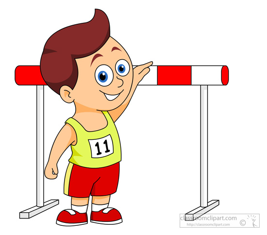 Smiling cartoon boy in athletic gear (bib #11) pointing at a red-and-white hurdle, ready to race.