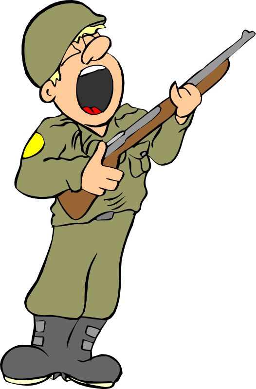Cartoon soldier in olive uniform shouting while holding a rifle, wearing helmet and combat boots.