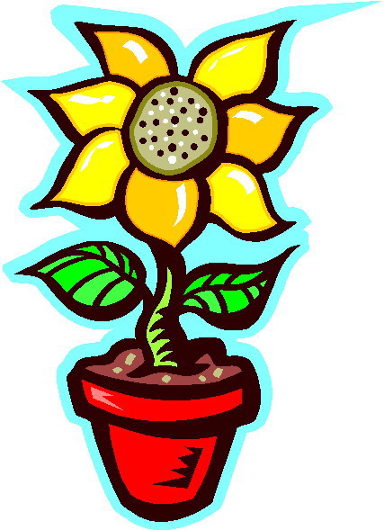 Bright yellow potted sunflower with green leaves and dotted center, cartoon-style illustration.