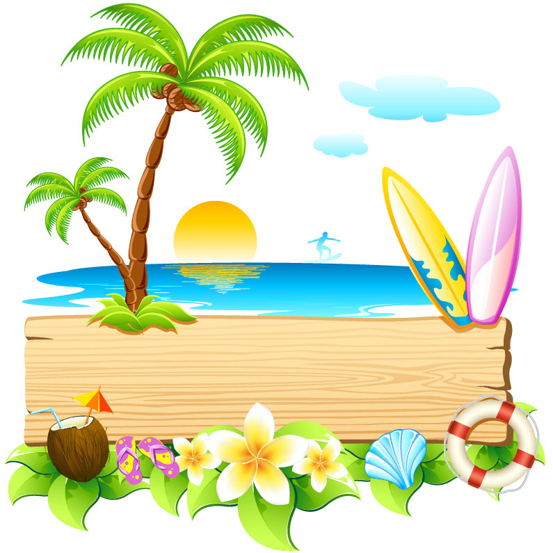 Tropical beach scene with palm trees, surfboards, coconut drink, flowers, and sunset over ocean.