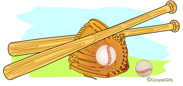 Baseball glove with two wooden bats and two baseballs on grass and sky background.