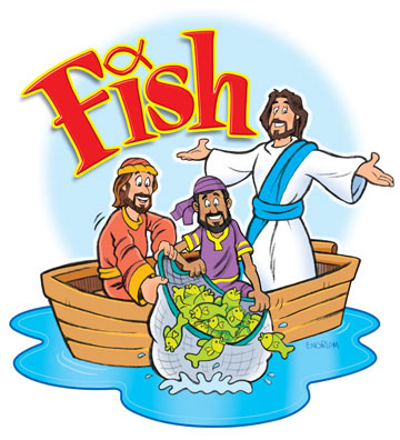 Jesus and two disciples in a wooden boat with a net full of fish, illustrating the biblical miracle of the abundant catch.