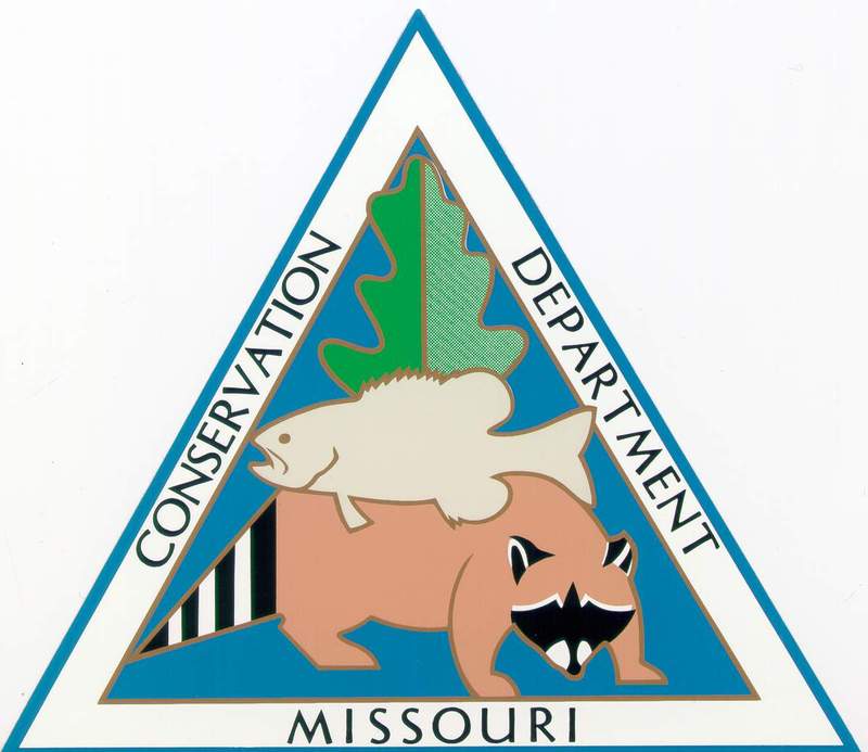 Missouri Conservation Department logo featuring a raccoon, fish, and oak leaf within a blue triangle.
