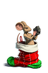 A cartoon mouse peeking from a red-and-green Christmas stocking while holding a camera.