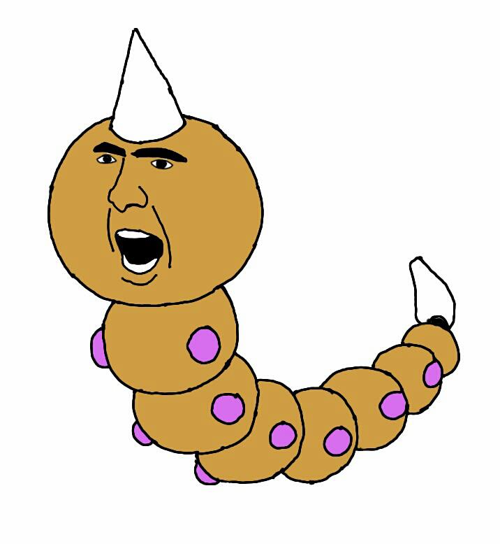 A cartoon caterpillar with a human face, white party hat, and purple spots, mouth open as if shouting.