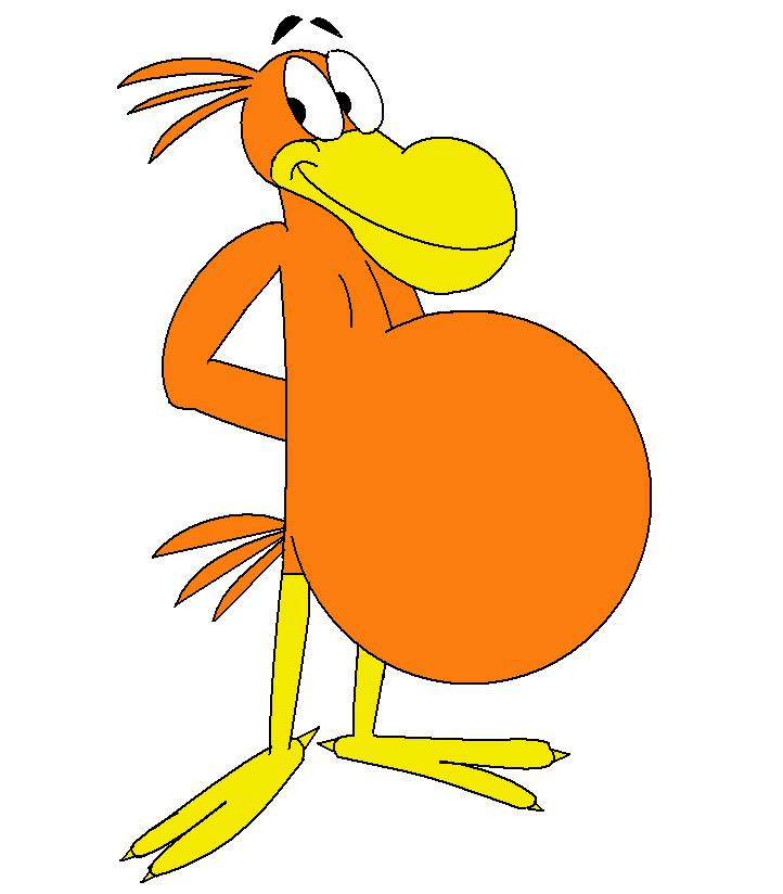 Orange cartoon bird with yellow beak and legs, standing confidently with one hand on hip and a large round belly.