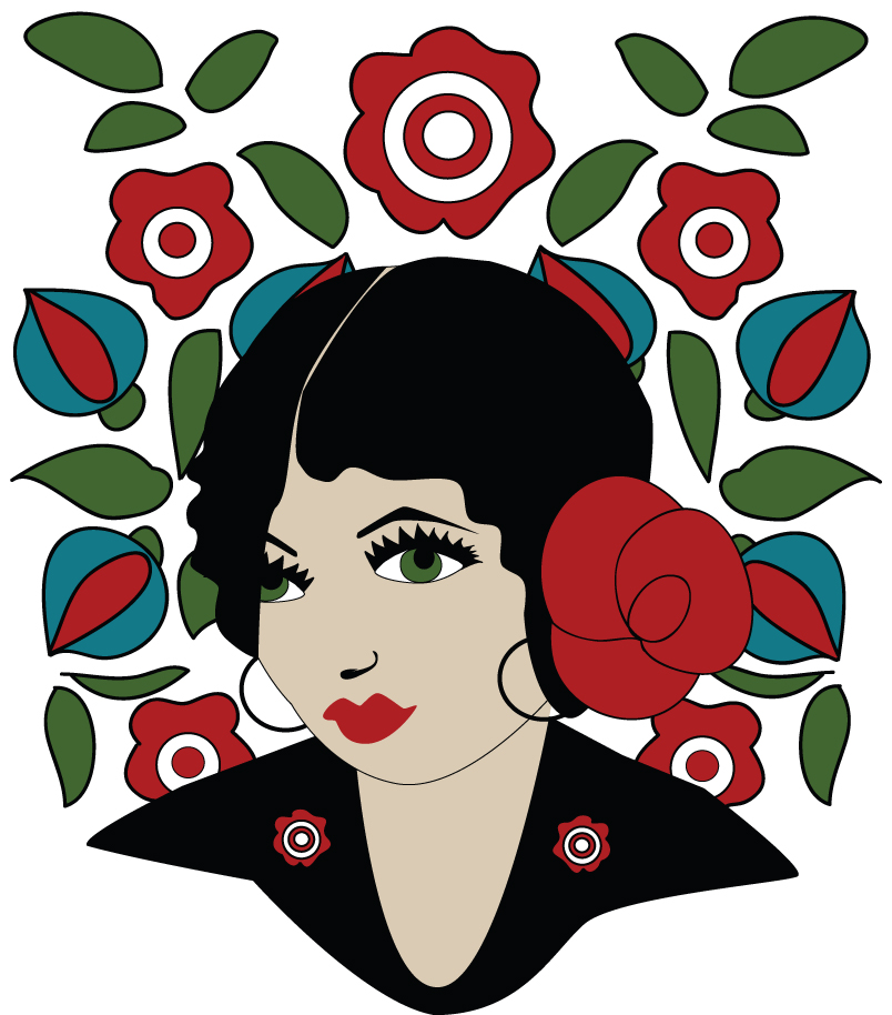 Vintage Floral Portrait Illustration - Artistic Woman with Bold Flowers