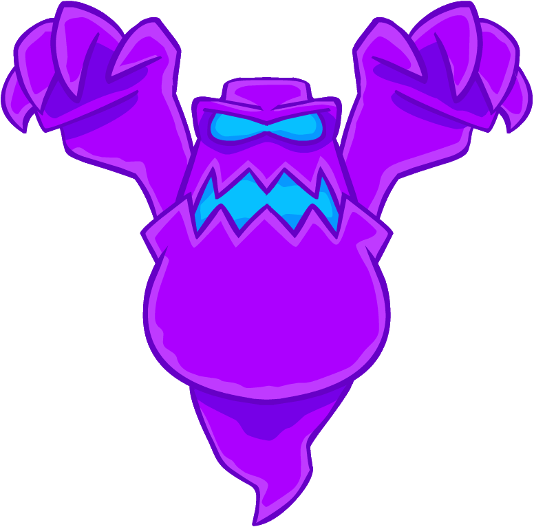 Purple cartoon ghost with glowing blue eyes and jagged mouth, arms raised in a menacing pose.