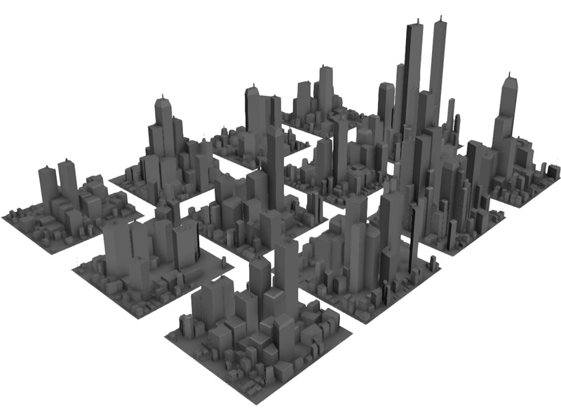 Monochrome 3D cityscape model with modular blocks and varied skyscrapers on white background.