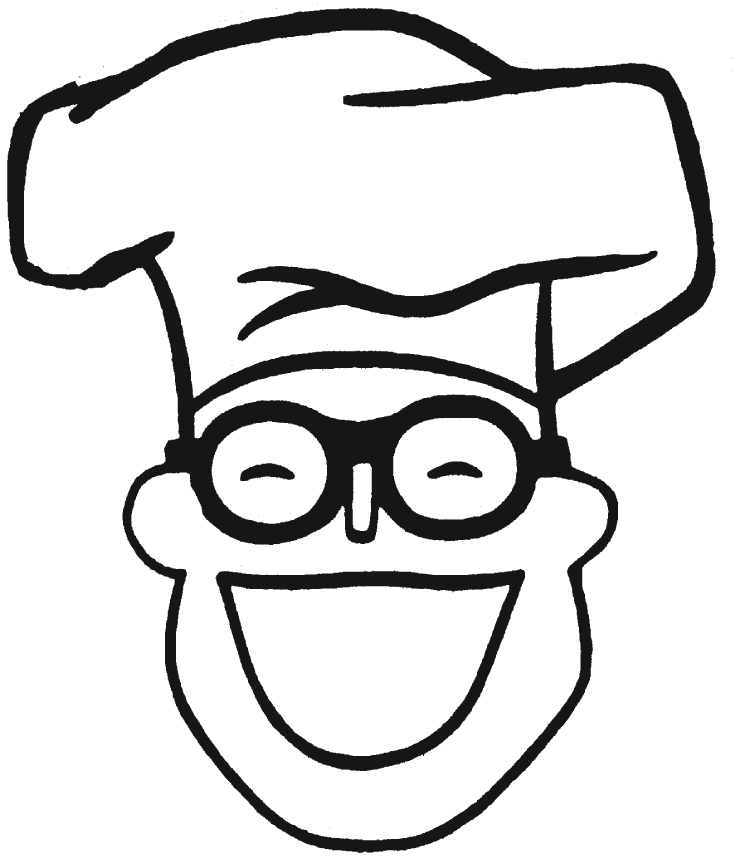Smiling cartoon chef wearing a toque and round glasses, black-and-white line drawing.